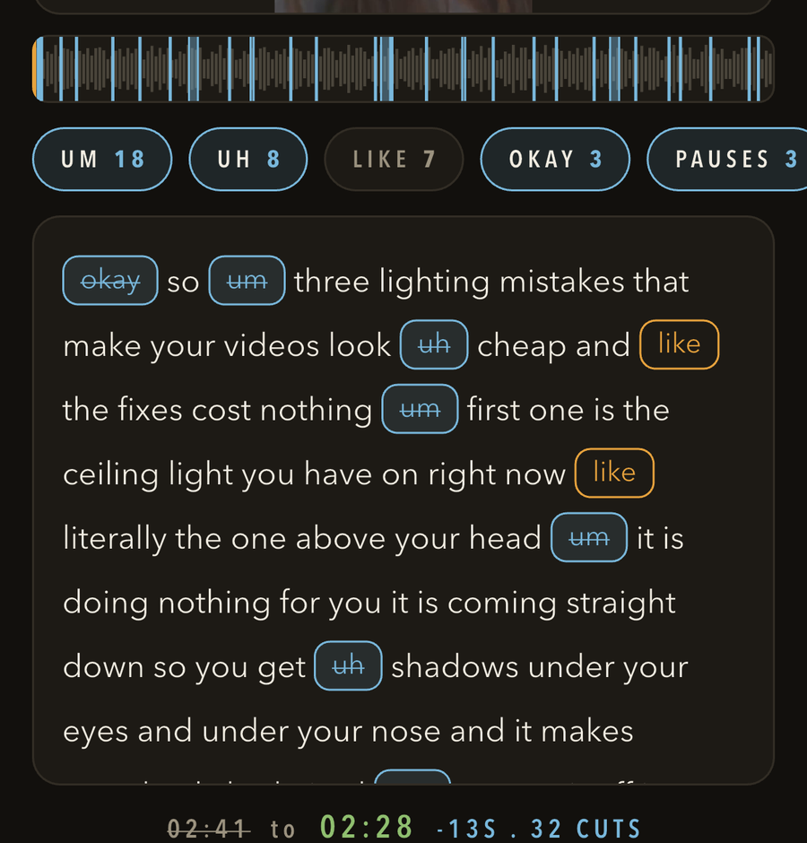 Every um, uh and pause marked in the transcript with counts